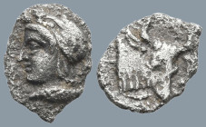 MYSIA. Kyzikos. ( Circa 450-400 BC).
AR Hemiobol (7.5mm 0.31g)
Obv: Head of Attis to left, wearing Phrygian cap; below, tunny fish to left
Rev: Hea...