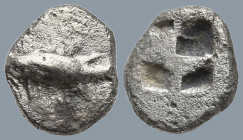 MYSIA. Kyzikos. (Circa 520-480 BC).
AR Hemiobol (7.4mm 0.44g)
Obv: Tunny fish swimming left.
Rev: Quadripartite incuse square.
Von Fritze, Nomisma...