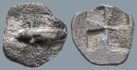MYSIA. Kyzikos. (Circa 520-480 BC).
AR Hemiobol (8.2mm 0.42g)
Obv: Tunny fish swimming left.
Rev: Quadripartite incuse square.
Von Fritze, Nomisma...