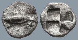 MYSIA. Kyzikos. (Circa 520-480 BC).
AR Hemiobol (7.5mm 0.33g)
Obv: Tunny fish swimming left; pellet above
Rev: Quadripartite incuse square.
Von Fr...