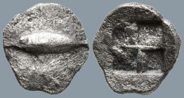 MYSIA. Kyzikos. (Circa 520-480 BC).
AR Hemiobol (9.2mm 0.49g)
Obv: Tunny fish swimming left.
Rev: Quadripartite incuse square.
Von Fritze, Nomisma...