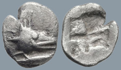 MYSIA. Kyzikos. (Circa 530-500 BC).
AR Hemiobol (8.5mm 0.45g)
Obv: Tunny head right, tunny fish below
Rev: Quadripartite incuse square.
SNG von Au...