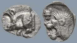 MYSIA. Kyzikos. (Circa 450-400 BC).
AR Hemiobol (7.7mm 0.28g)
Obv: Forepart of a boar left, retrograde K on its shoulder; to right, tunny upward.
R...