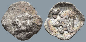 MYSIA. Kyzikos. (Circa 450-400 BC).
AR Hemiobol (10.4mm 0.37g)
Obv: Forepart of a boar left, retrograde K on its shoulder; to right, tunny upward.
...
