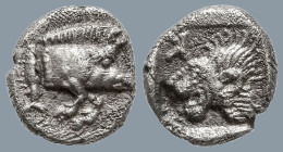 MYSIA. Kyzikos. (450-400 BC).
AR Hemiobol (6.8mm 0.3g)
Obv: Forepart of boar right, tunny behind.
Rev: Head of lion left; retrograde K to upper lef...