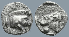MYSIA, Kyzikos (Circa 450-400 BC)
AR Hemiobol (7.9mm 0.35g)
Obv: Forepart of boar right; to left, tunny upward.
Rev: Head of lion left; retrograde ...