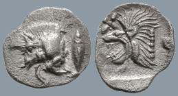 MYSIA. Kyzikos. (Circa 450-400 BC).
AR Hemiobol (8.5mm 0.36g)
Obv: Forepart of boar left; to right, tunny upward.
Rev: Head of roaring lion left; s...