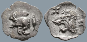 MYSIA. Kyzikos. (Circa 450-400 BC).
AR Hemiobol (10.5mm 0.37g)
Obv: Forepart of boar left; to right, tunny upward.
Rev: Head of roaring lion left; ...