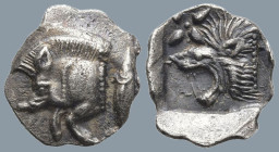 MYSIA. Kyzikos. (Circa 450-400 BC).
AR Hemiobol (9mm 0.38g)
Obv: Forepart of boar left; to right, tunny upward.
Rev: Head of roaring lion left; sta...