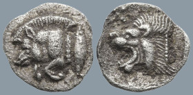 MYSIA. Kyzikos. (Circa 450-400 BC).
AR Hemiobol (9.1mm 0.34g)
Obv: Forepart of boar left; to right, tunny upward.
Rev: Head of roaring lion left; s...