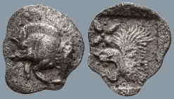 MYSIA. Kyzikos. (Circa 450-400 BC).
AR Hemiobol (9.4mm 0.37g)
Obv: Forepart of boar left; to right, tunny upward.
Rev: Head of roaring lion left; s...