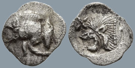 MYSIA. Kyzikos. (Circa 450-400 BC).
AR Hemiobol (10mm 0.42g)
Obv: Forepart of boar left; to right, tunny upward.
Rev: Head of roaring lion left; st...