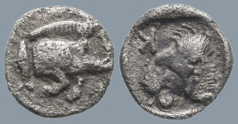 MYSIA. Kyzikos (Circa 450-400 BC)
AR Hemiobol (7.5mm 0.28g)
Obv: Forepart of boar right; to left, tunny upward.
Rev: Head of lion left; retrograde ...