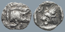 MYSIA. Kyzikos (Circa 450-400 BC)
AR Hemiobol (7.6mm 0.27g)
Obv: Forepart of boar right; to left, tunny upward.
Rev: Head of lion left; retrograde ...
