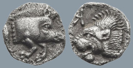MYSIA. Kyzikos (Circa 450-400 BC)
AR Hemiobol (7.5mm 0.33g)
Obv: Forepart of boar right; to left, tunny upward.
Rev: Head of lion left; retrograde ...