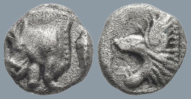 MYSIA. Kyzikos (Circa 450-400 BC)
AR Hemiobol (6.7mm 0.36g)
Obv: Forepart of boar left; to right, tunny upward.
Rev: Head of roaring lion left; all...