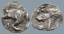 MYSIA. Kyzikos. (Circa 450-400 BC).
AR Tetartemorion (7.7mm 0.18g)
Obv: Forepart of boar left; to right, tunny upward.
Rev: Head of roaring lion le...