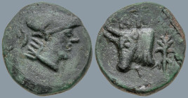 MYSIA. Kyzikos (Circa 300-180 BC)
AE Bronze (14.4mm 2.45g)
Obv: Helmeted head of Athena r.
Rev: KYZ. Bull head left, thunderbolt in right
SNG Cope...