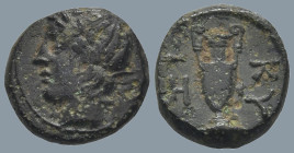 MYSIA. Kyzikos. (Circa 4th century BC)
AE Bronze (8.9mm 0.7g)
Obv: Laureate head of Apollo left.
Rev: KY ZI, amphora; below, tunny right.
Von Frit...