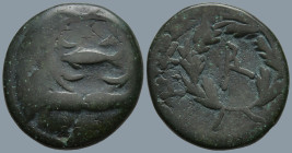MYSIA. Kyzikos. (Circa 300-200 BC).
AE Bronze (17.4mm 3.97g)
Obv: Tunny fish in corn wreath attached to sheaf of grain
Rev:K-Y Z-I, monogram within...