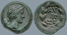 MYSIA. Kyzikos. (2nd-1st centuries BC).
AE Bronze (20.7mm 5.7g)
Obv: Laureate head of Kore-Soteira to right
Rev: Monogram between KY-ΣI above and b...
