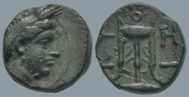 MYSIA. Kyzikos. (circa 350-300 BC)
AE Bronze (11.4mm 1.4g)
Obv: Head of Kore Soteira right, hair bound in sakkos
Rev: KY-ZI, tripod, monogram to ri...