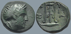 MYSIA. Kyzikos. (Circa 2nd century BC)
AE Bronze (18.2mm 5.59g)
Obv: Veiled head of Kore Soteira right, hair in sphendone, with wreath of grain-ears...