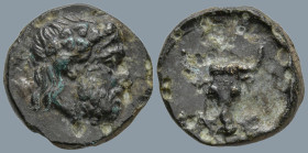TROAS. Lamponeia. (4th century BC)
AE Bronze (12.8mm 1.57g)
Obv: Head of Dionysos right, wearing ivy wreath.
Rev: Bucranium facing.
SNG Copenhagen...
