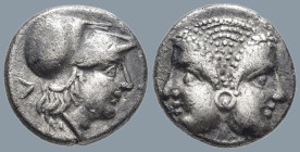 MYSIA. Lampsakos. (Circa 390-330 BC)
AR Diobol (10.6mm 1.18g)
Obv: Janiform female head, wearing circular earring and necklace
Rev: Helmeted head o...