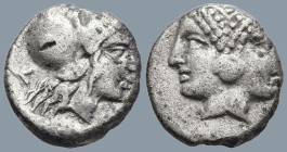 MYSIA. Lampsakos. (4th-3rd centuries BC).
AR Diobol (10.8mm 1.15g)
Obv: Janiform female head.
Rev: Helmeted head of Athena right within incuse squa...