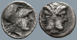 MYSIA. Lampsakos. (4th-3rd century BC).
AR Diobol (11.5mm 1.03g)
Obv: Female janiform head, with circular earring
Rev: Helmeted head of Athena to r...