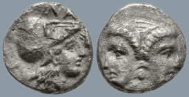 MYSIA. Lampsakos. (4th-3rd century BC).
AR Diobol (10.7mm 1.02g)
Obv: Female janiform head, with circular earring
Rev: Helmeted head of Athena to r...