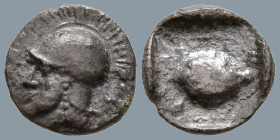 LESBOS. Methymna. (circa 500-460 BC)
AE Hemiobol (8mm 0.35g)
Obv: Helmeted head of Athena left
Rev: Tortoise within linear square border within inc...