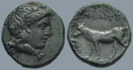 MYSIA. Miletopolis. (Circa 4th century BC)
AE Bronze (13.2mm 2.04g)
Obv: Laureate head of Apollo right; below, tunny right
Rev: MIΛHTO. Bull advanc...