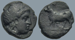 MYSIA. Miletopolis. (4th century BC).
AE Bronze (12.3mm 1.97g)
Obv: Laureate head of Apollo right.
Rev: MIΛHTO. Bull advancing left; below, owl sta...
