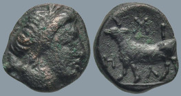 MYSIA. Miletopolis. (Circa 4th century BC)
AE Bronze (10.7mm 1.06g)
Obv: Laureate head of Apollo right; below, tunny right
Rev: MIHΛ, Bull advancin...