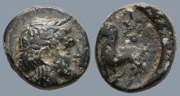 "ISLAND off LESBOS. Nasos. Pordosilene. (Circa 350-300 BC). In the name of the Nasiotes.
AE Bronze (8.5mm 0.63g)
Obv: Laureate head of Apollo to rig...