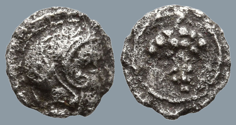 CILICIA. Soloi (410-375 BC)
AR Tetartemorion (6.3mm 0.2g)
Obv: Helmeted head o...