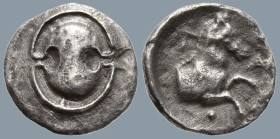 BOEOTIA, Tanagra. (Early to mid 4th century BC).
AR Obol (10mm 0.57g).
Obv: Boeotian shield.
Rev: T - A Forepart of horse to right; below, pellet....