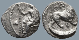 CILICIA. Tarsos. Mazaios. Satrap of Cilicia (361/0-334 BC)
AR Obol (9.6mm 0.6g)
Obv: Baaltars seated left, his torso facing, holding lotus-tipped sc...
