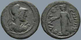 LYDIA. Thyateira. Pseudo-autonomous. (Circa 218-235 AD).
AE Bronze (20.8mm 4.15g)
Obv: Draped bust of Athena, wearing Corinthian helmet, right, with...