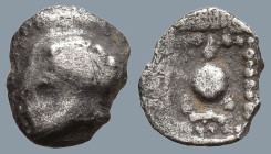 ASIA MINOR. Uncertain mint. (5th century BC).
AR Tetartemorion (6mm 0.16g)
Obv: Corinthian helmet left.
Rev: Amphora in linear square.
SNG Arikant...
