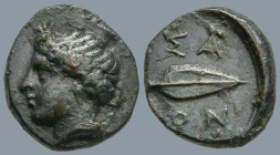WESTERN ASIA MINOR. Uncertain. (4th century BC)
AE Bronze (10.4mm 0.84g)
Obv: Laureate head of Apollo to left.
Rev: [A]ΣA/ΓON Spearhead to right.
...