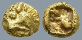 IONIA. Uncertain. (Circa 600-550 BC). Phokaic standard.
EL 1/48 Stater (5.3mm 0.37g)
Obv: Head of roaring lion left
Rev: Quadripartite incuse squar...