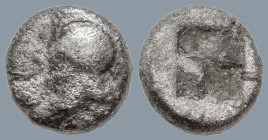 IONIA. Uncertain mint. (Circa 600-550 BC)
AR Obol (7.4mm 0.58g)
Obv: Corinthian helmet to left
Rev: Quadripartite incuse square.
SNG Kayhan 743; R...