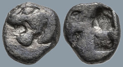 THRACO-MACEDONIAN REGION. Uncertain. (5th century BC).
AR Hemiobol (7.4mm 0.46g).
Obv: Head of a roaring lion to left.
Rev: Quadripartite incuse sq...