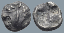 THRACO-MACEDONIAN REGION (?). Uncertain mint. (Circa 500-450 BC).
AR Hemiobol (7.2mm 0.36g)
Obv: Roaring head of lion to left
Rev: Quadripartite in...
