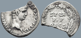 Claudius (41-54 AD). Rome
AR Denarius (17.6mm 2.78g)
Obv: TI CLAVD CAESA[R AVG P M TR P] VI IMP XI. Laureate head right
Rev: SPQR P•P OB C S in thr...