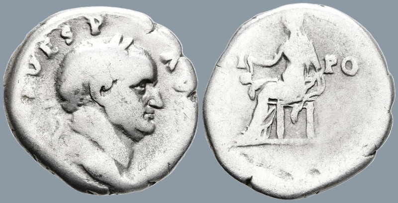 Vespasian (69-79 AD). Rome
AR Denarius (17.9mm 3.13g)
Obv: IMP CAES VESP AVG P...