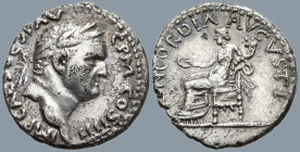 Vespasian (69-79 AD). Rome
AR Denarius (18mm 3.46g)
Obv: IMP CAES VESP AVG P M COS IIII. Laureate head of Vespasian to right.
Rev: CONCORDIA AVGVST...